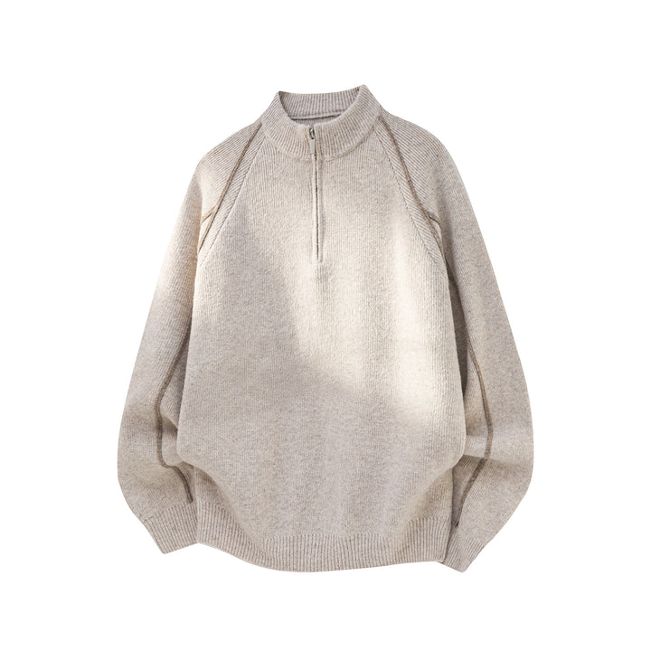 Herren Oversize Strickpullover mit Halbreißverschluss und Kontrastpaspeln Drune