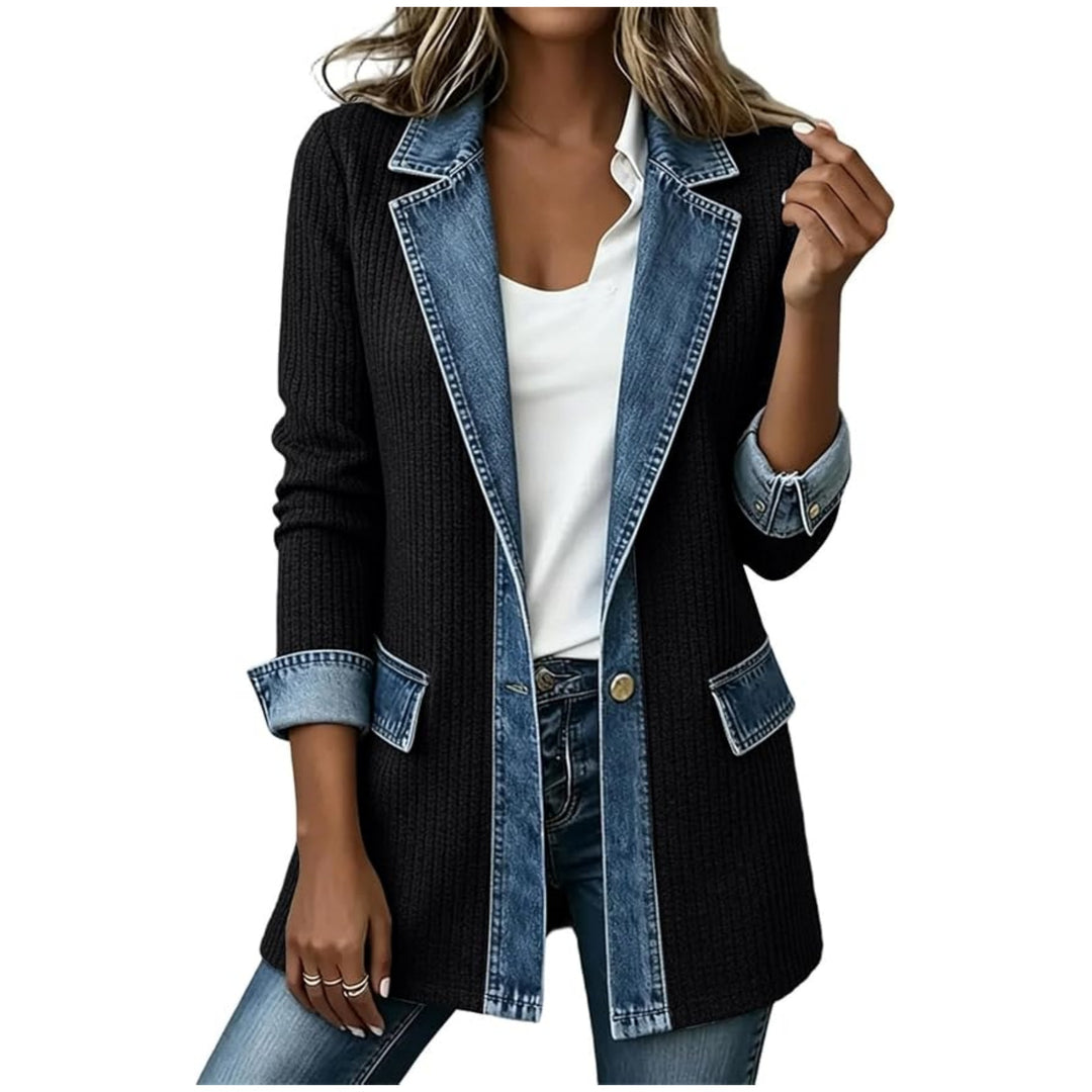 Damen Strickblazer mit Jeansbesatz und tailliertem Schnitt Drune