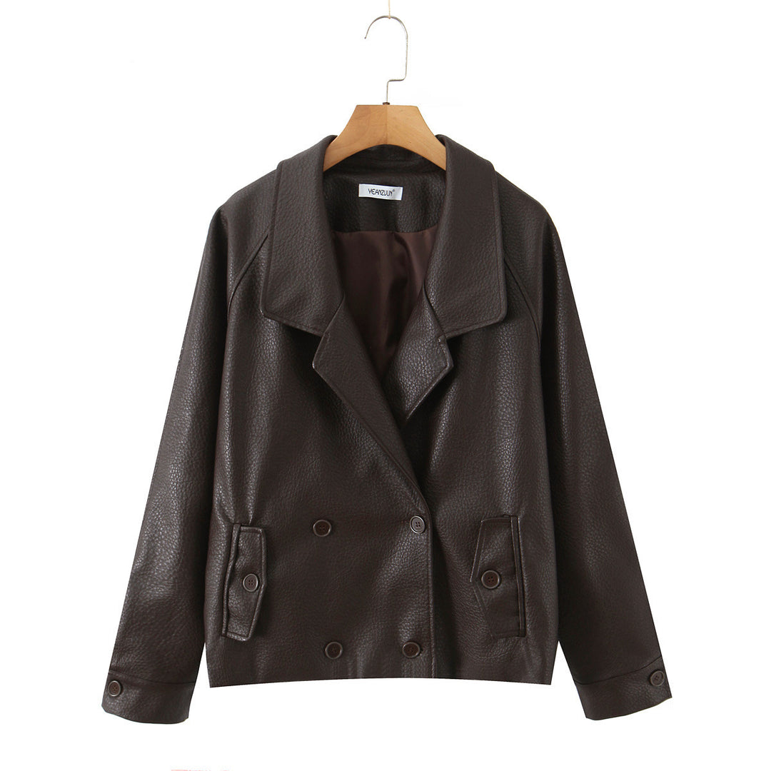 Damen modische Kunstlederjacke mit doppelter Knopfleiste und breitem Revers Drune