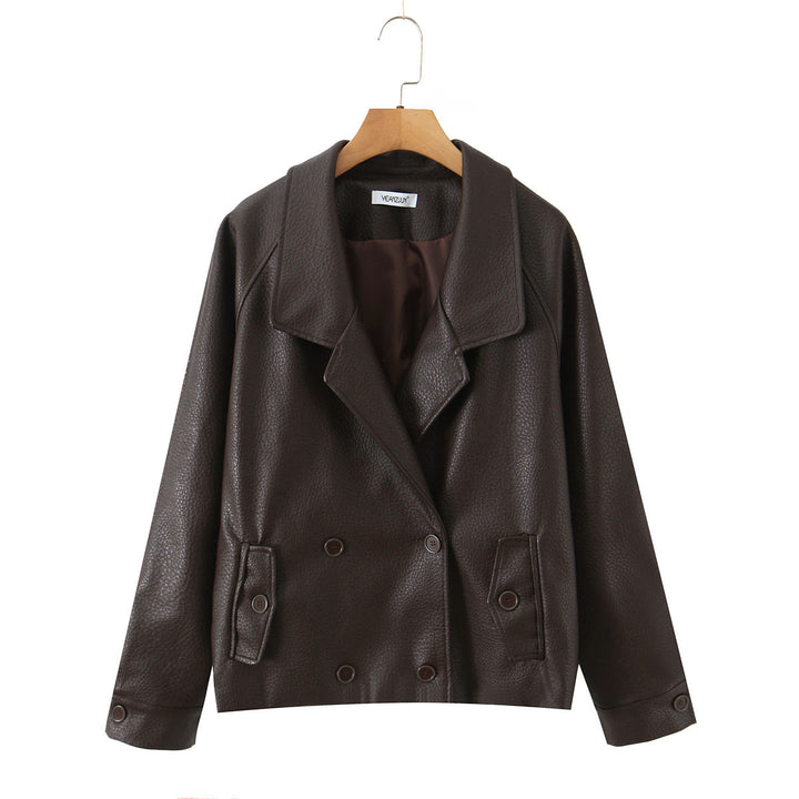 Damen modische Kunstlederjacke mit doppelter Knopfleiste und breitem Revers Drune