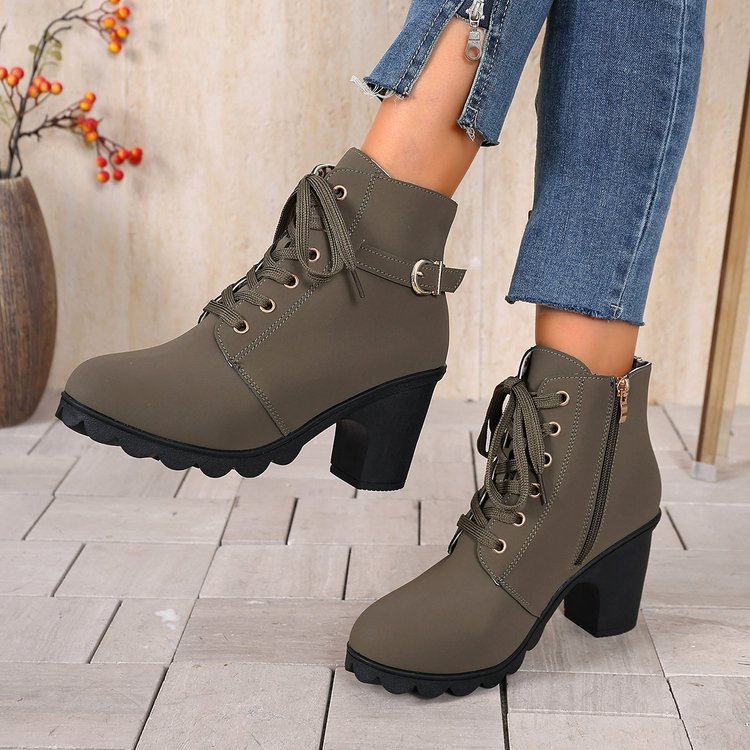 Damen nan knöchelhohe Schnür-Stiefelette mit seitlichem Reißverschluss, dekorativer Gürtelschlaufe, mittelhohem Blockabsatz und profilstarker Laufsohle Drune