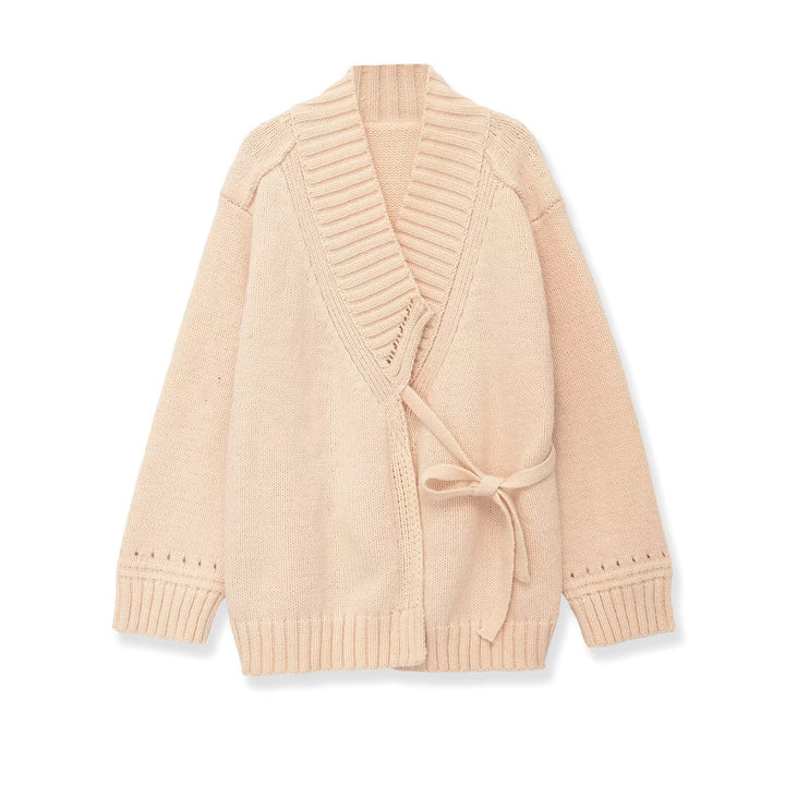 Damen Oversize Strickcardigan mit Bindegürtel und Schalkragen Drune