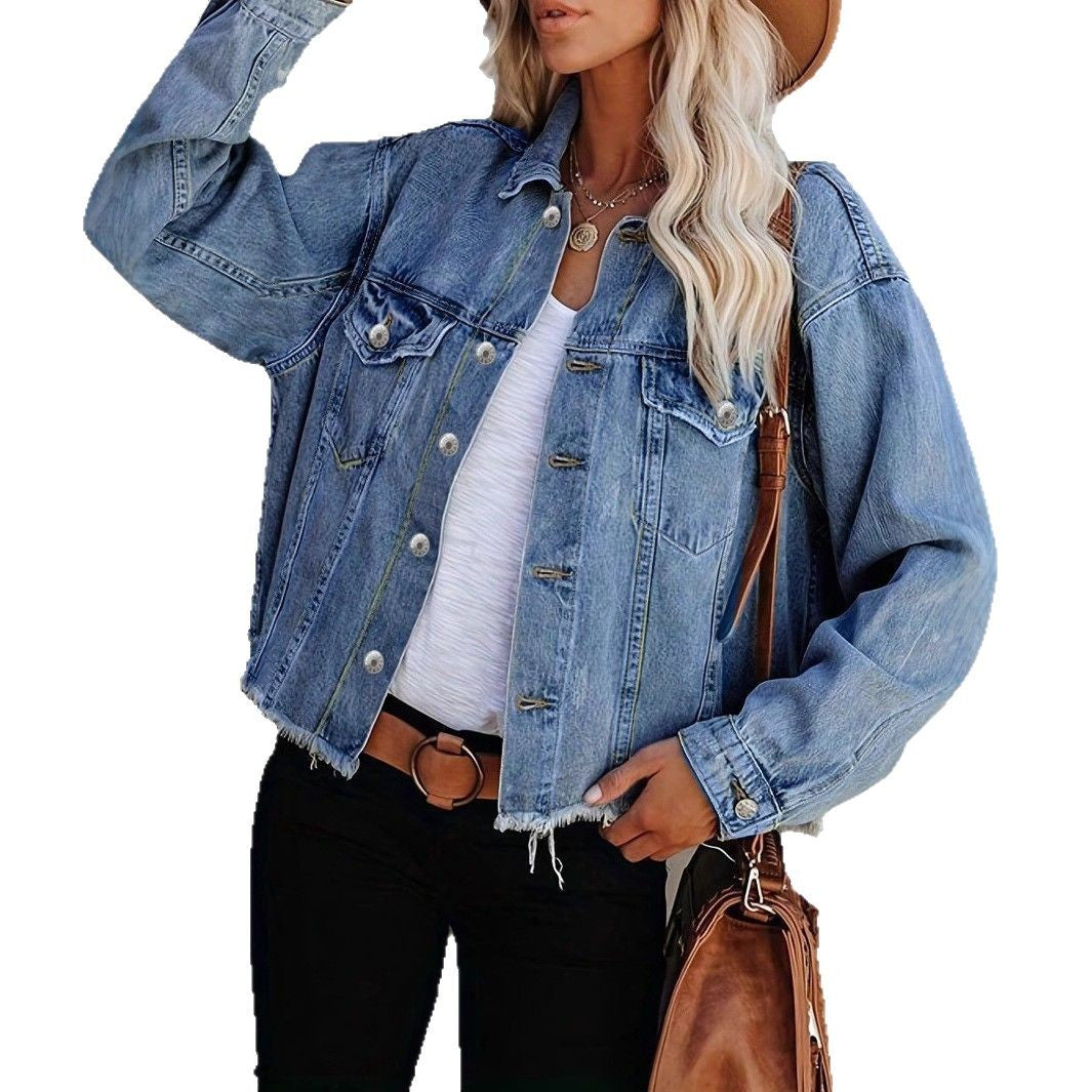 Damen Oversized Jeansjacke mit fransendem Saum und Vintage-Akzenten Drune