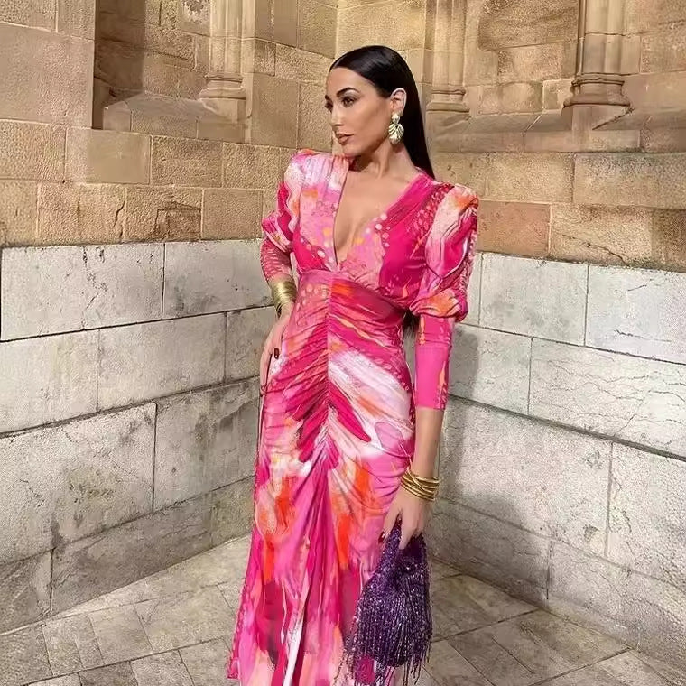 Damen 40+ Maxikleid mit tiefem V‑Ausschnitt, geraffter Taillenpartie und dezenten Puffärmeln Drune