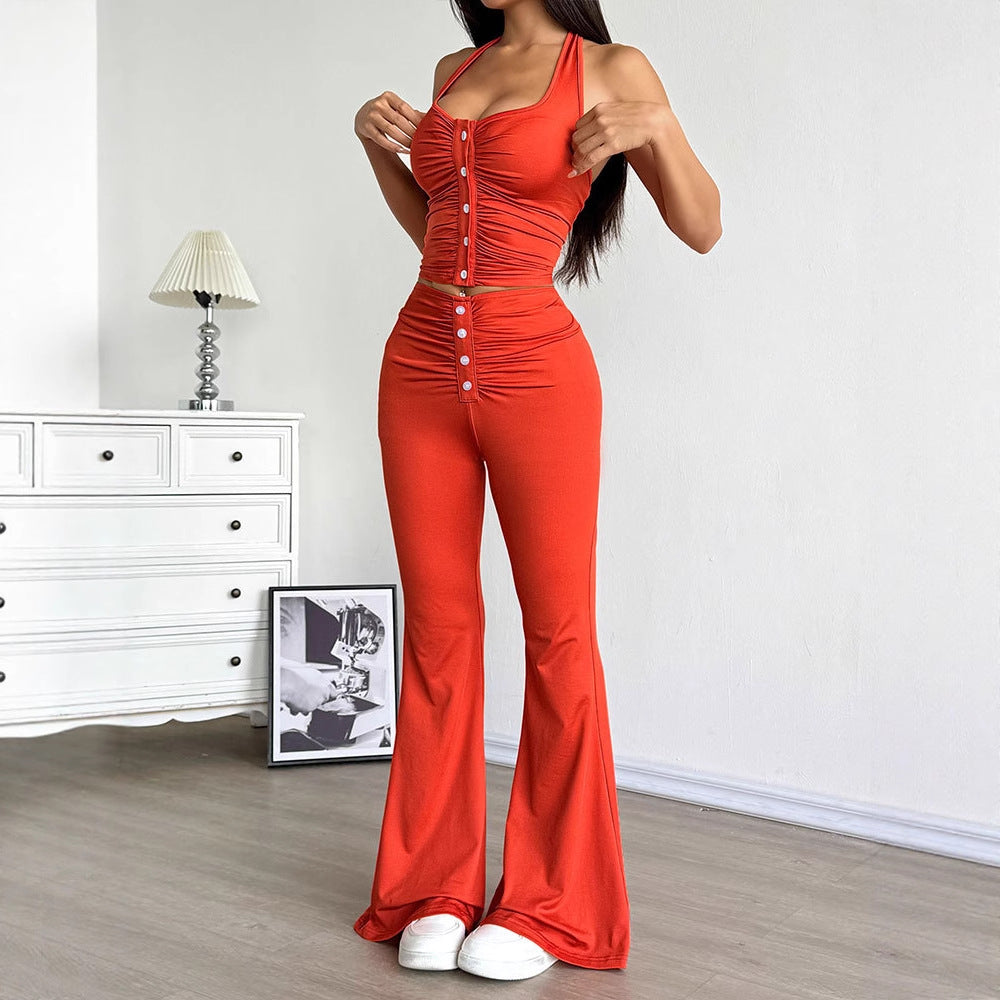 Damen Set aus gekräuseltem Top und flared Hose Drune