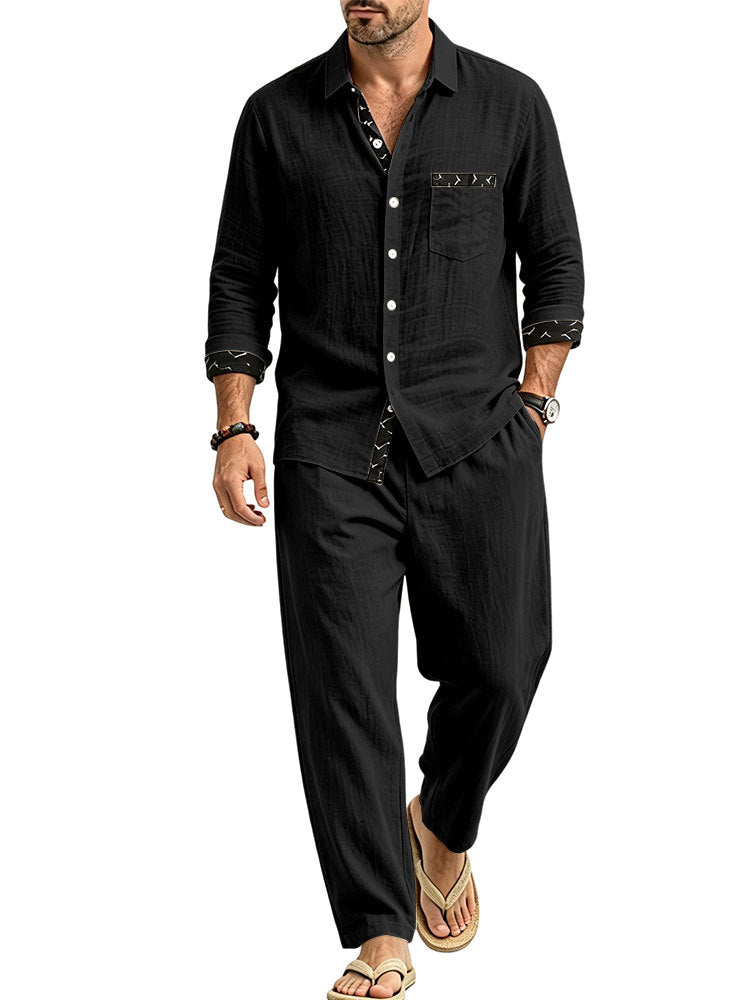 Herren Leichtes Leinenoptik Freizeit-Set mit Hemd und Relax-Hose Drune