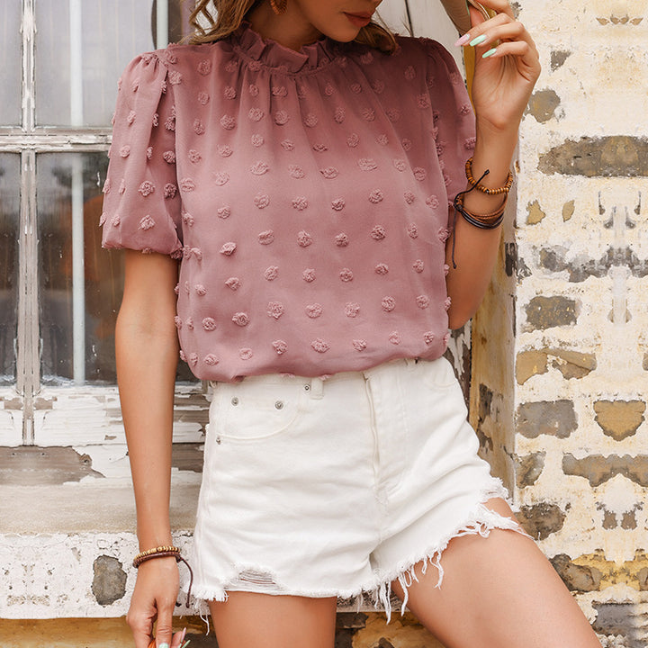 Damen Chiffonbluse mit Struktur‑Pompom, gerafftem Stehkragen und Puffärmeln Drune