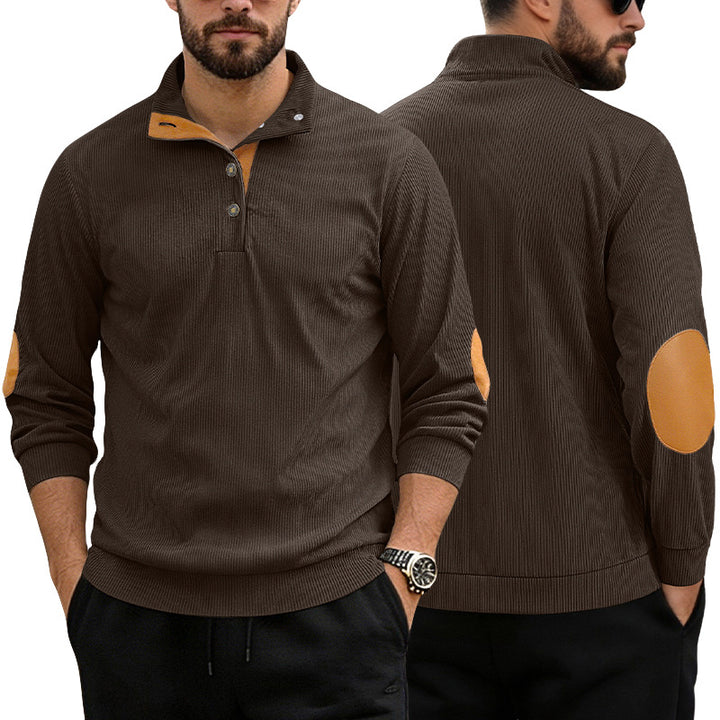 Herren nan lässiger Strukturpullover mit Polokragen, kurzer Knopfleiste und veganen Lederbesätzen Drune
