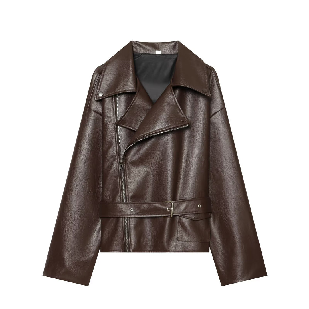 Damen Oversized Bikerjacke aus Kunstleder mit taillierendem Gürtel und asymmetrischem Reißverschluss Drune