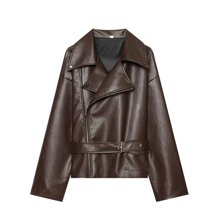 Damen Oversized Bikerjacke aus Kunstleder mit taillierendem Gürtel und asymmetrischem Reißverschluss Drune