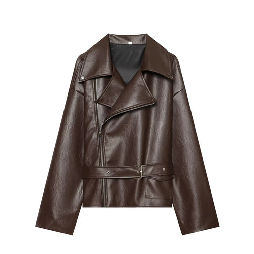 Damen Oversized Bikerjacke aus Kunstleder mit taillierendem Gürtel und asymmetrischem Reißverschluss Drune
