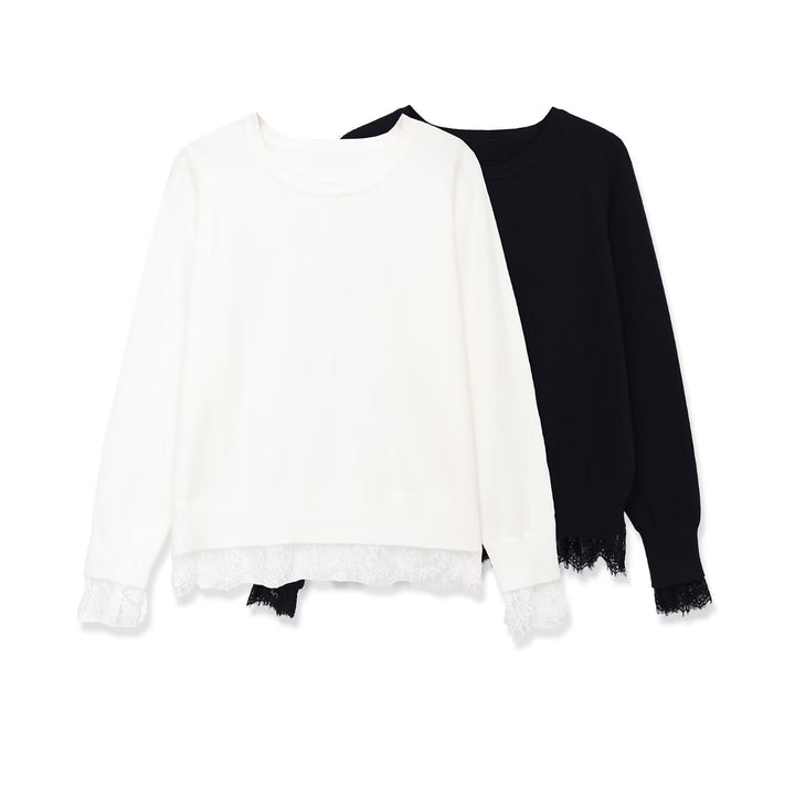 Damen Oversize Baumwollpullover mit Spitzenbesatz Drune