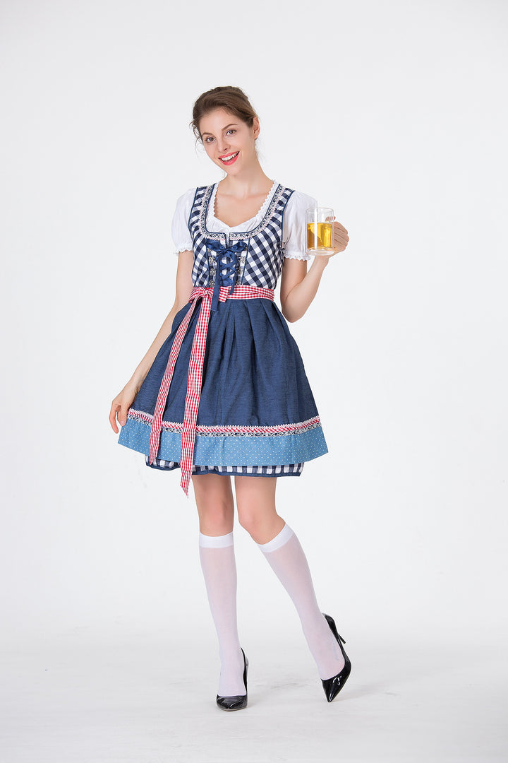 Damen nan traditionelles Trachten-Minikleid mit kariertem Schnürmieder, Puffärmelbluse und dekorativer Schürze Drune