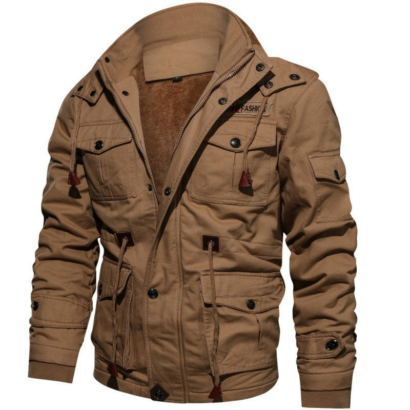 Herren nan gefütterte Canvas-Fieldjacke mit Teddyfutter, Kapuze und multifunktionalen Taschen Drune
