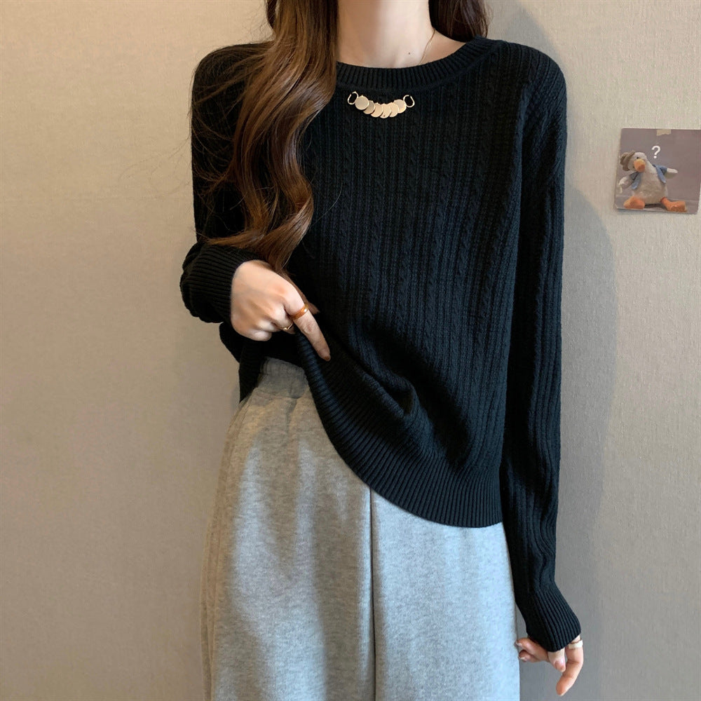 Damen lockerer Strickpullover mit feiner Rippstruktur und eleganter Kragenverzierung Drune