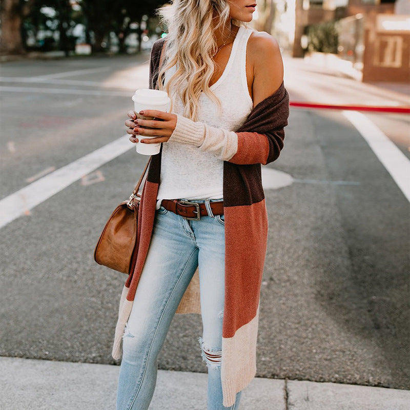 Damen Longline-Cardigan mit Colorblock-Design, offener Front und Rippsaum Drune