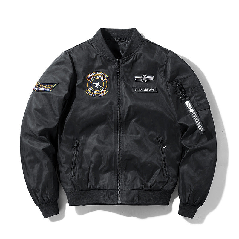 Herren  leichte wasserabweisende Flug-Bomberjacke mit gestickten Flugzeug-Patches und Seitentasche am Arm Drune