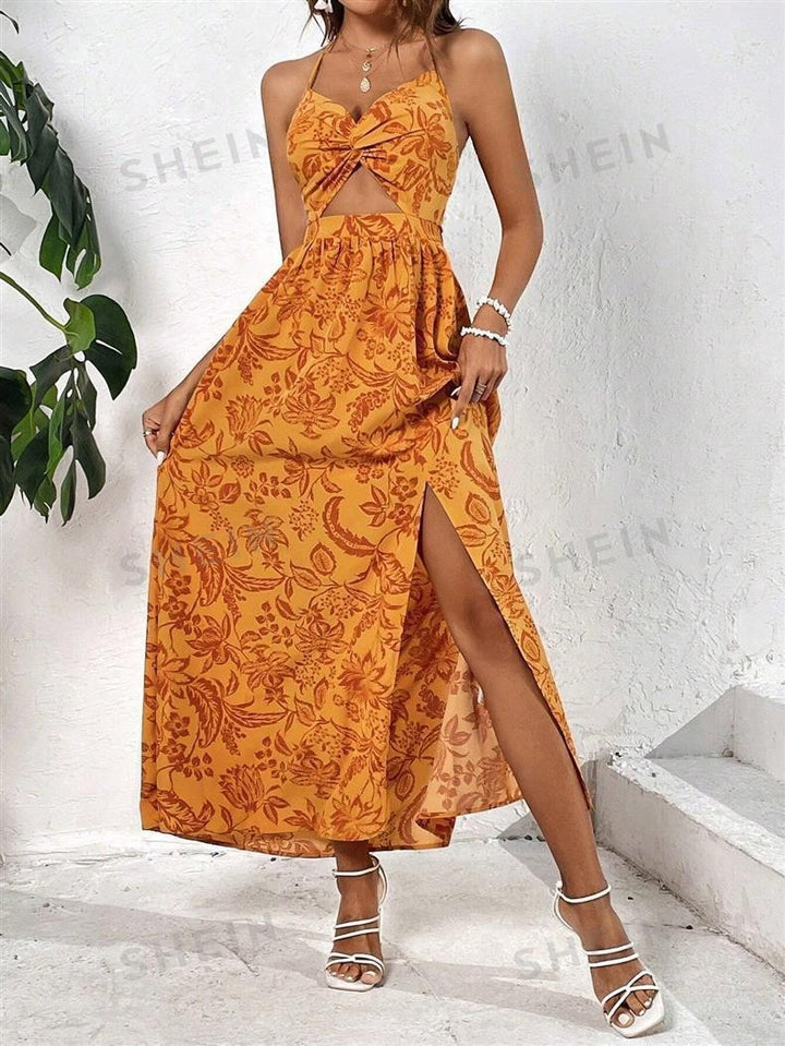 Damen Maxikleid mit floralem Cut-Out-Design und seitlichem Schlitz Drune
