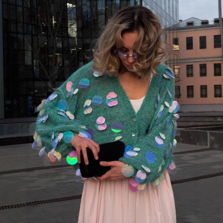 Damen Grobgestrickter Mohair-Cardigan mit übergroßen Pailletten und kastiger Silhouette Drune