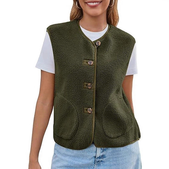 Damen Teddy-Fleece-Weste mit Rundhalsausschnitt und Knopfverschluss Drune