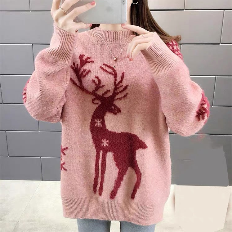 Damen Gemusterter Strickpullover mit Rentier-Jacquard, Rundhalsausschnitt und geripptem Saum Drune