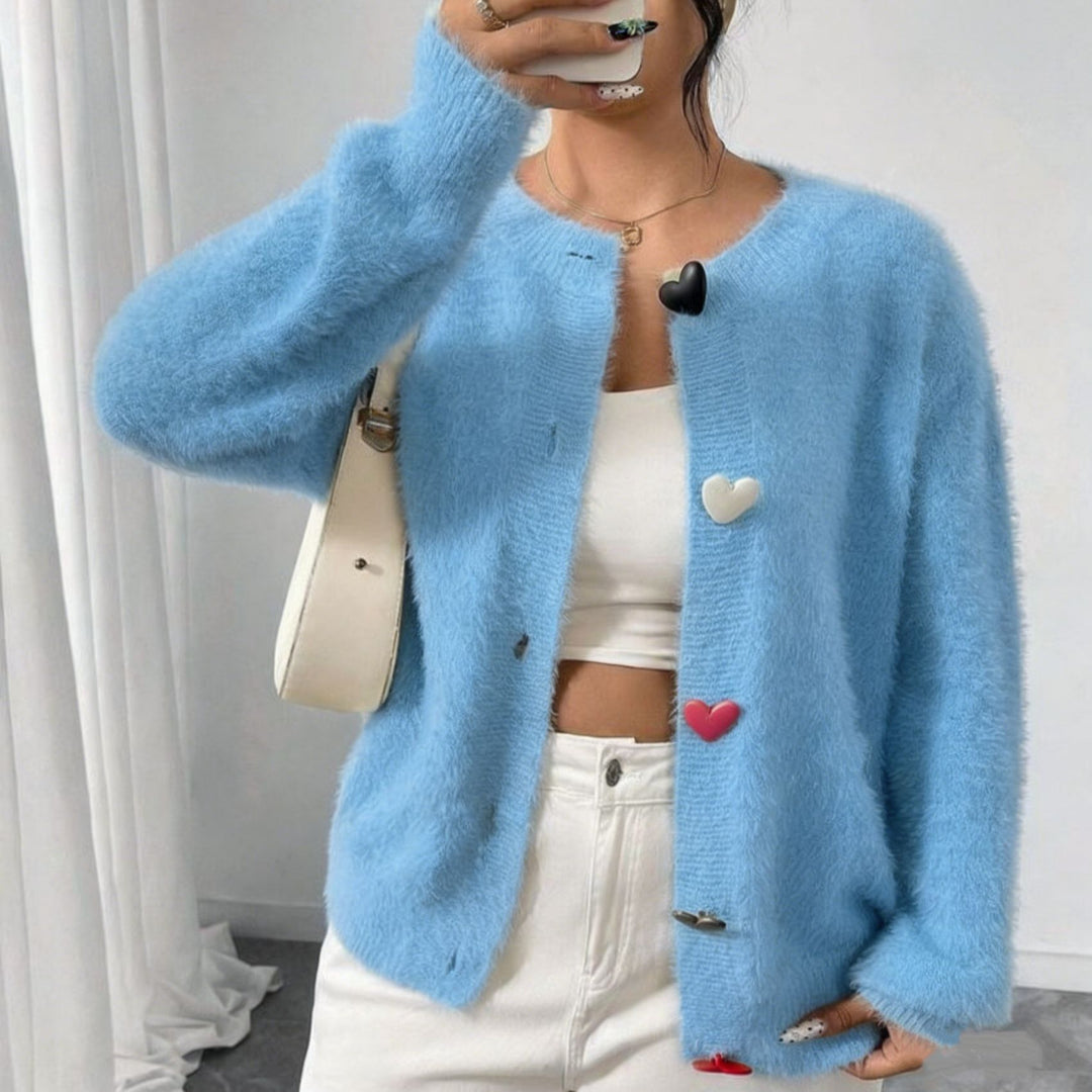 Damen Kuscheliger Flausch-Cardigan mit bunten Herzknöpfen und kastiger Silhouette Drune
