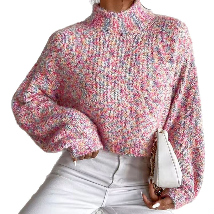 Damen Kurzgeschnittener Oversize-Pullover mit Stehkragen, mehrfarbigem Bouclé-Muster und Ballonärmeln Drune