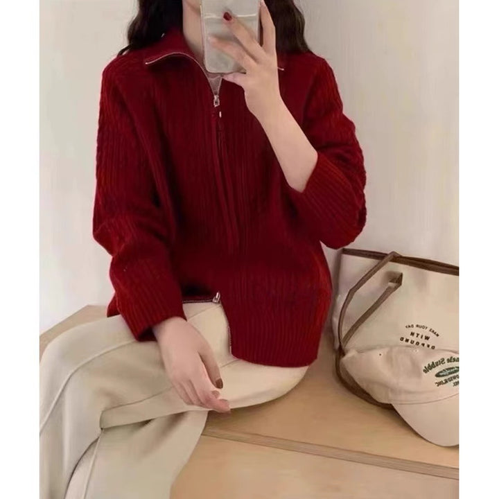 Damen Kastiger Zopfstrick‑Cardigan mit Zweiwege‑Reißverschluss, Stehkragen und breitem Rippsaum Drune
