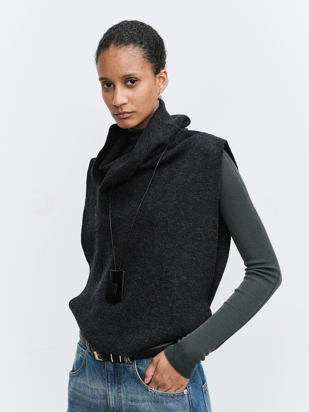 Damen lässige Strickweste mit hochgeschlagenem Kragen Drune