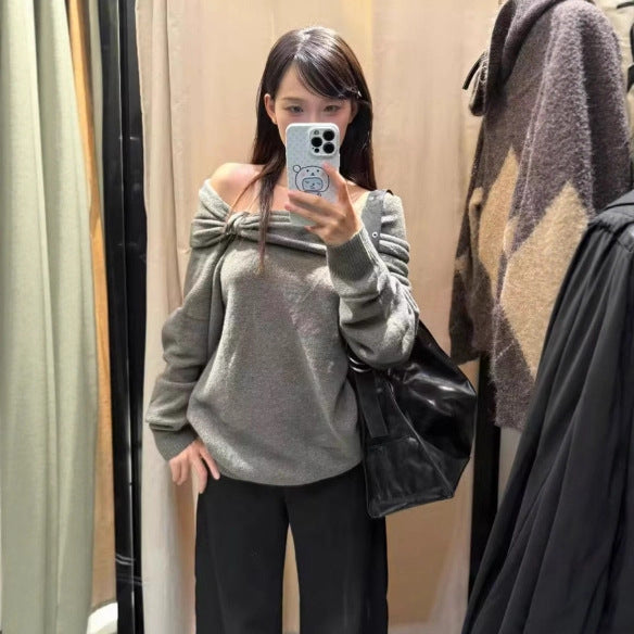 Damen Eleganter Pullover mit asymmetrischem Schalkragen und dekorativem Verschluss Drune