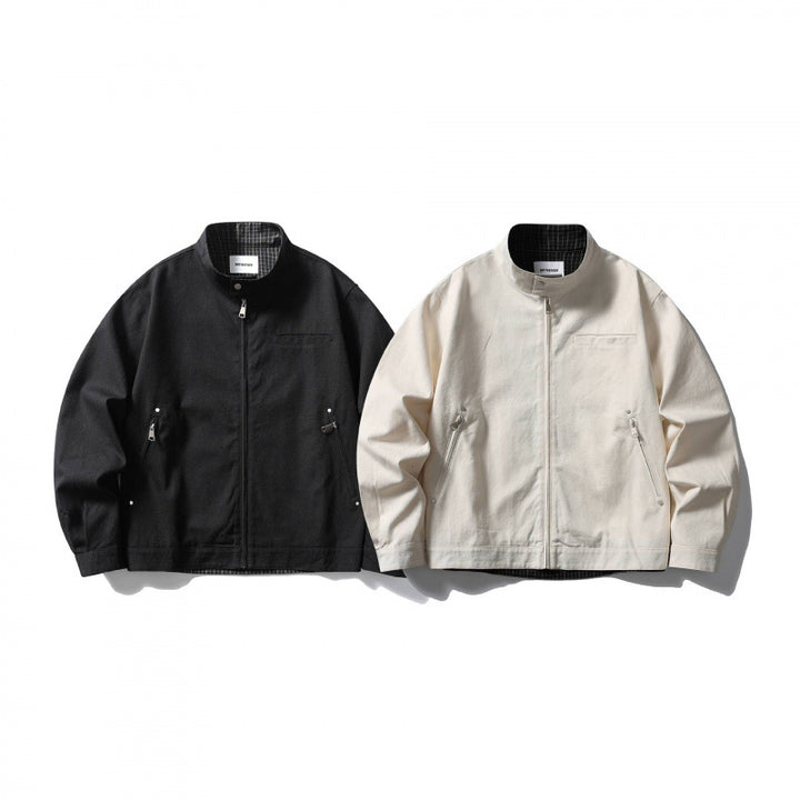 Herren leichte Baumwoll-Canvas Jacke mit Stehkragen und kariertem Innenfutter Drune