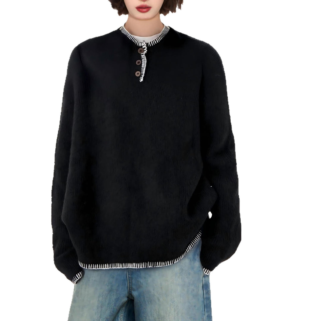 Damen Lässiger Pullover mit dekorativen Knopfdetails und kontrastierenden Abschlüssen Drune