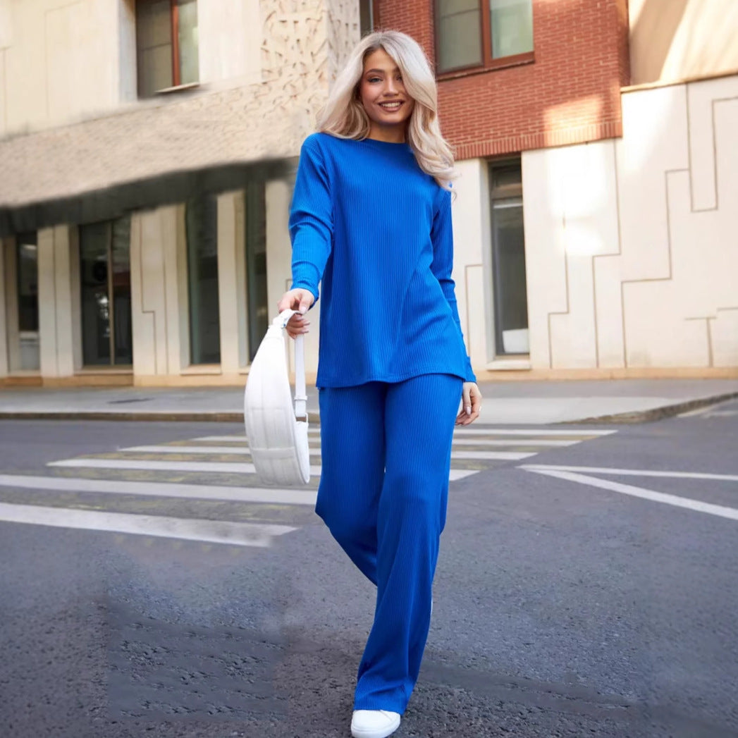 Damen lässiges Strick-Loungewear-Set mit Rippenstruktur und weitem Bein Drune