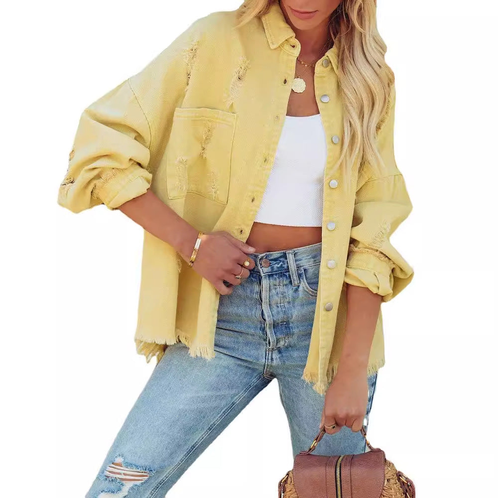 Damen nan oversized Jeansjacke mit Fransen, distressed Details und Druckknöpfen Drune