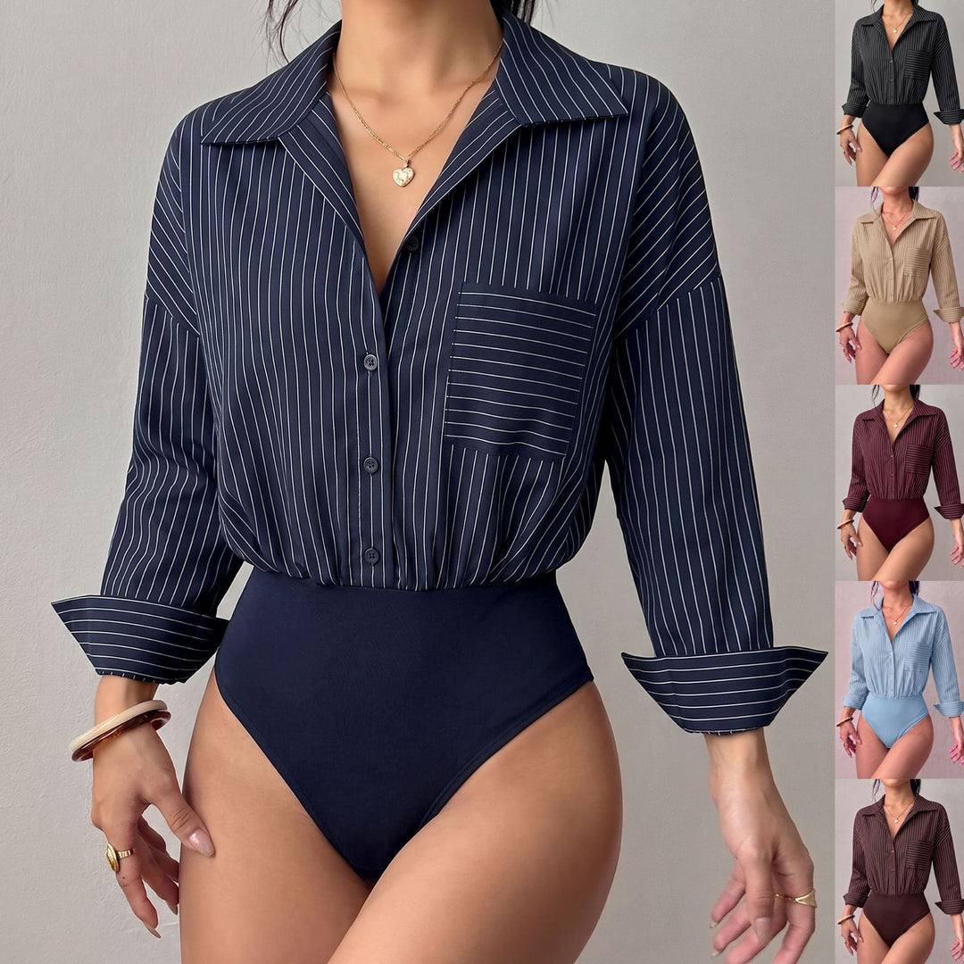 Damen Hemd-Body mit taillierter Passform, Kentkragen und feinem Streifenmuster Drune