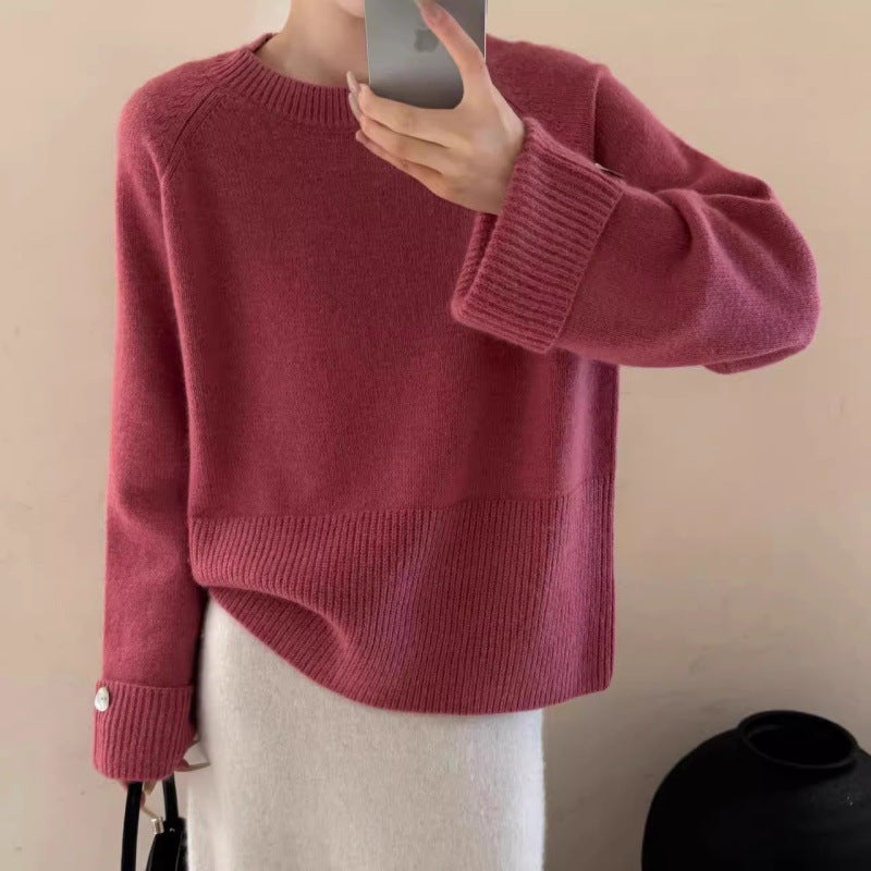 Damen Oversize-Rundhalspullover mit verlängerten Manschetten und Zierknopf Drune