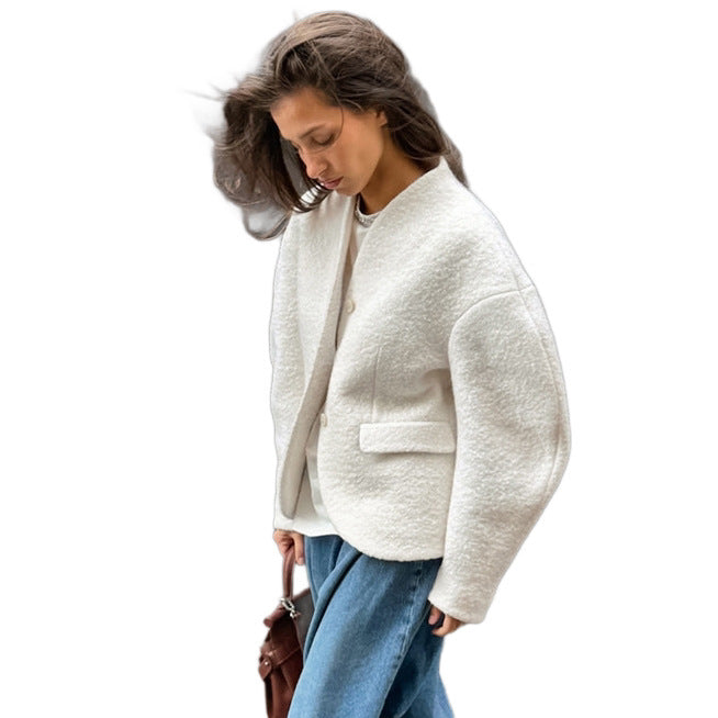 Damen Kurzjacke im Bouclé-Stil mit Oversize-Ärmeln und Pattentaschen Drune