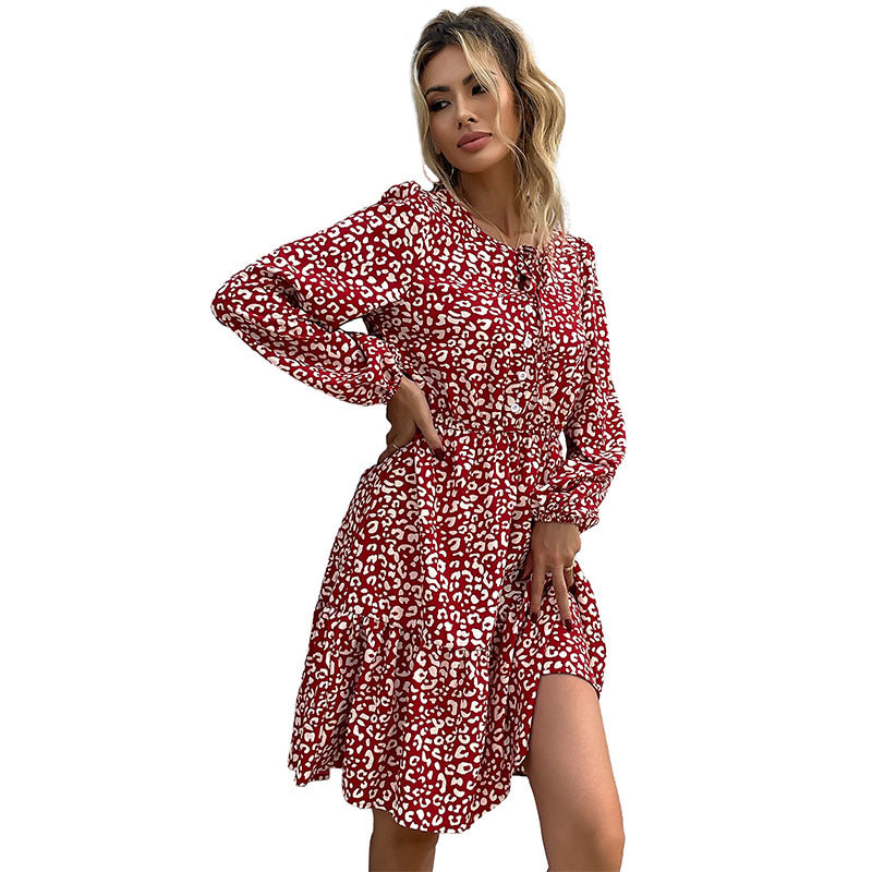 Damen Langarm Leopardenmuster Hemdblusenkleid Drune