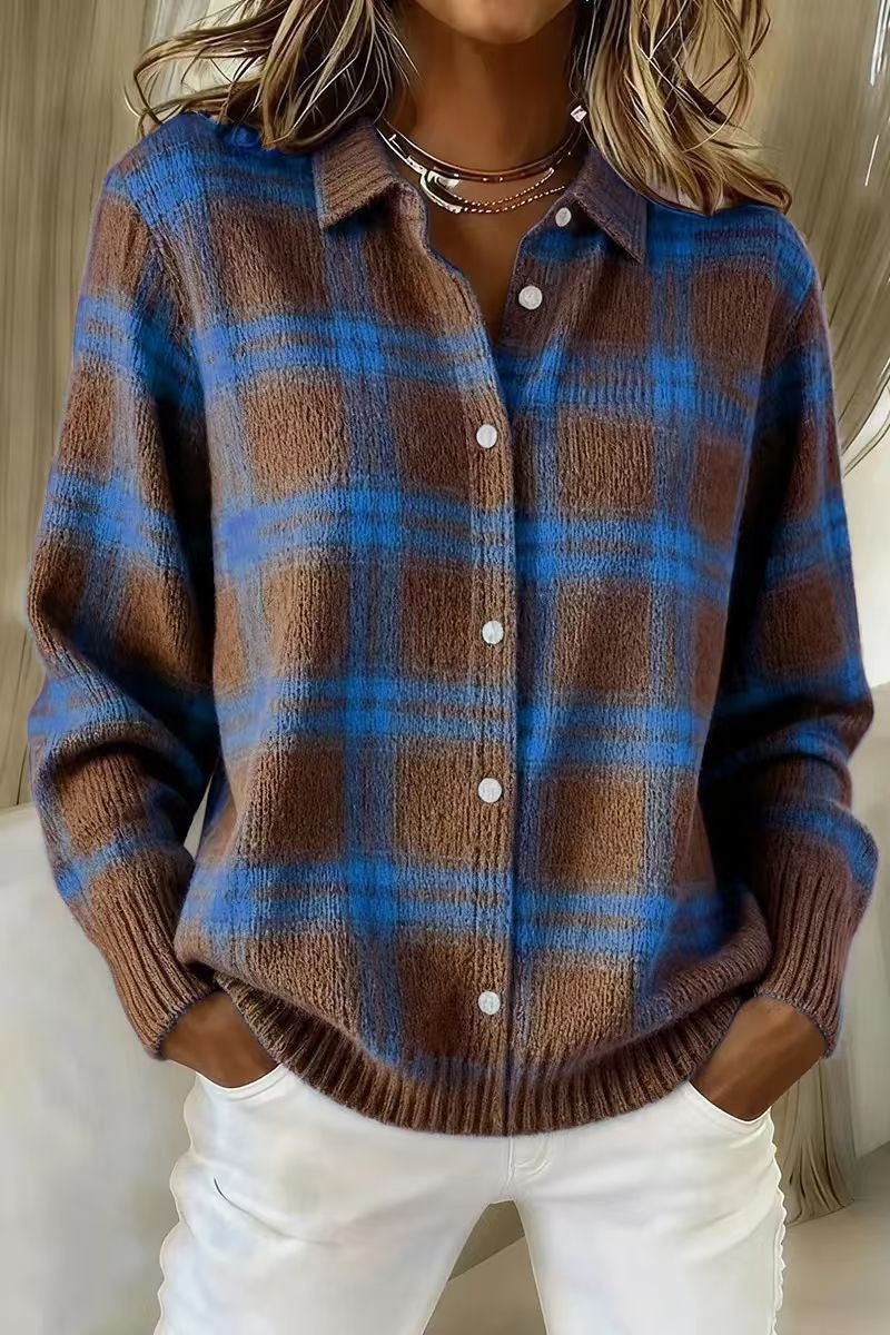 Damen Kariertes Strick-Hemdjacke-Cardigan mit Hemdkragen und gerippten Bündchen Drune