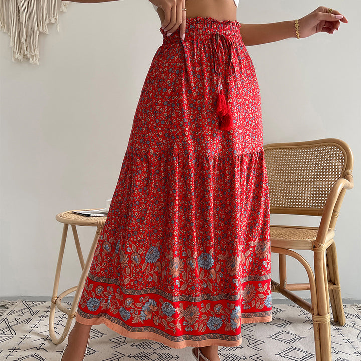 Damen nan leichter Stufen-Maxirock mit elastischem Rüschenbund, Kordel-Tassel und zartem Paisley-Print Drune