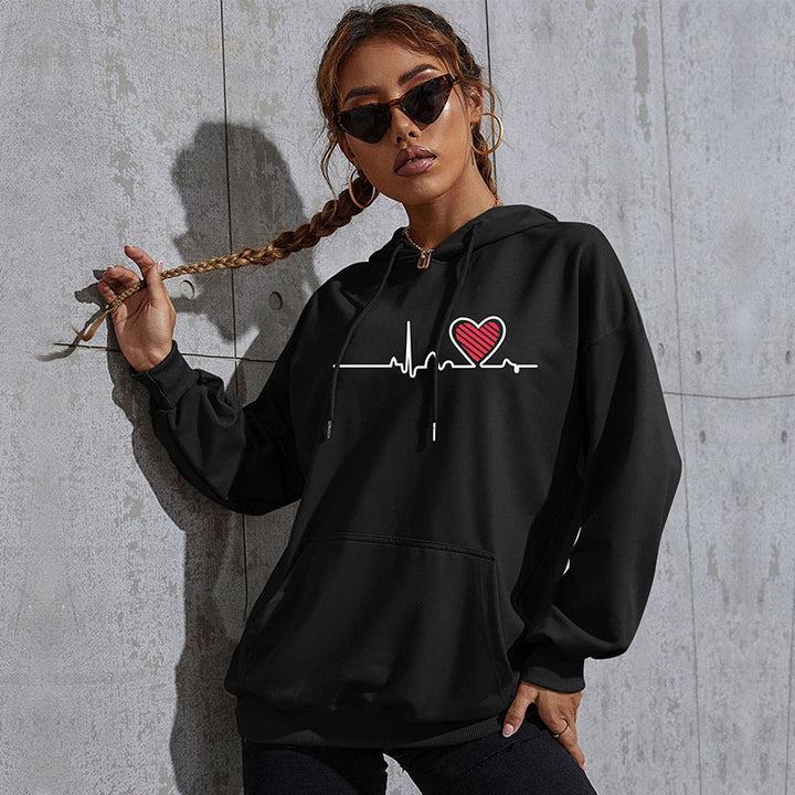 Damen Oversize-Kapuzenpullover mit Herz-EKG‑Print und Kängurutasche Drune