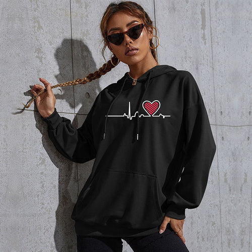 Damen Oversize-Kapuzenpullover mit Herz-EKG‑Print und Kängurutasche Drune