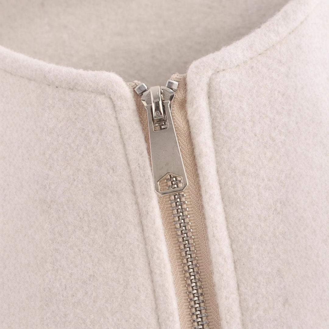 Damen Kurze Cropped-Bomberjacke im Velours-Suede-Look mit Rundhalsausschnitt, Reißverschluss und Ballonärmeln Drune