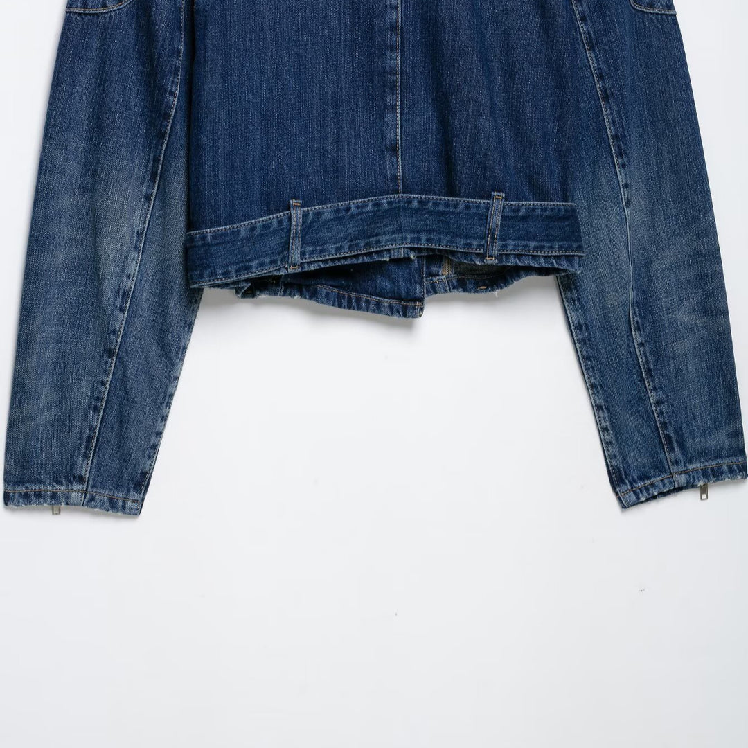 Damen Kurze Denim-Bikerjacke mit Gürtel und asymmetrischem Reißverschluss Drune