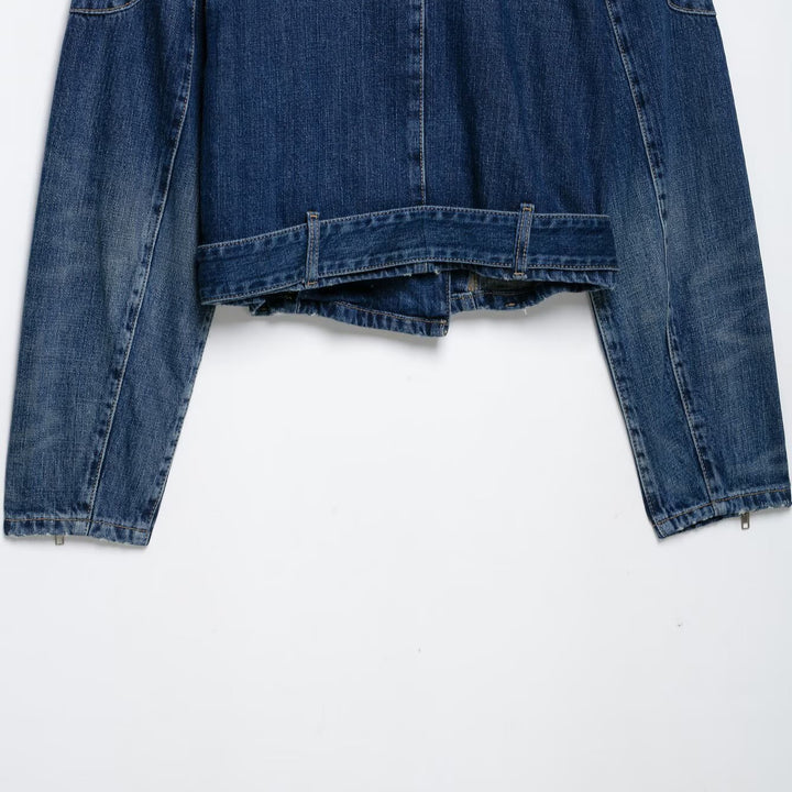 Damen Kurze Denim-Bikerjacke mit Gürtel und asymmetrischem Reißverschluss Drune