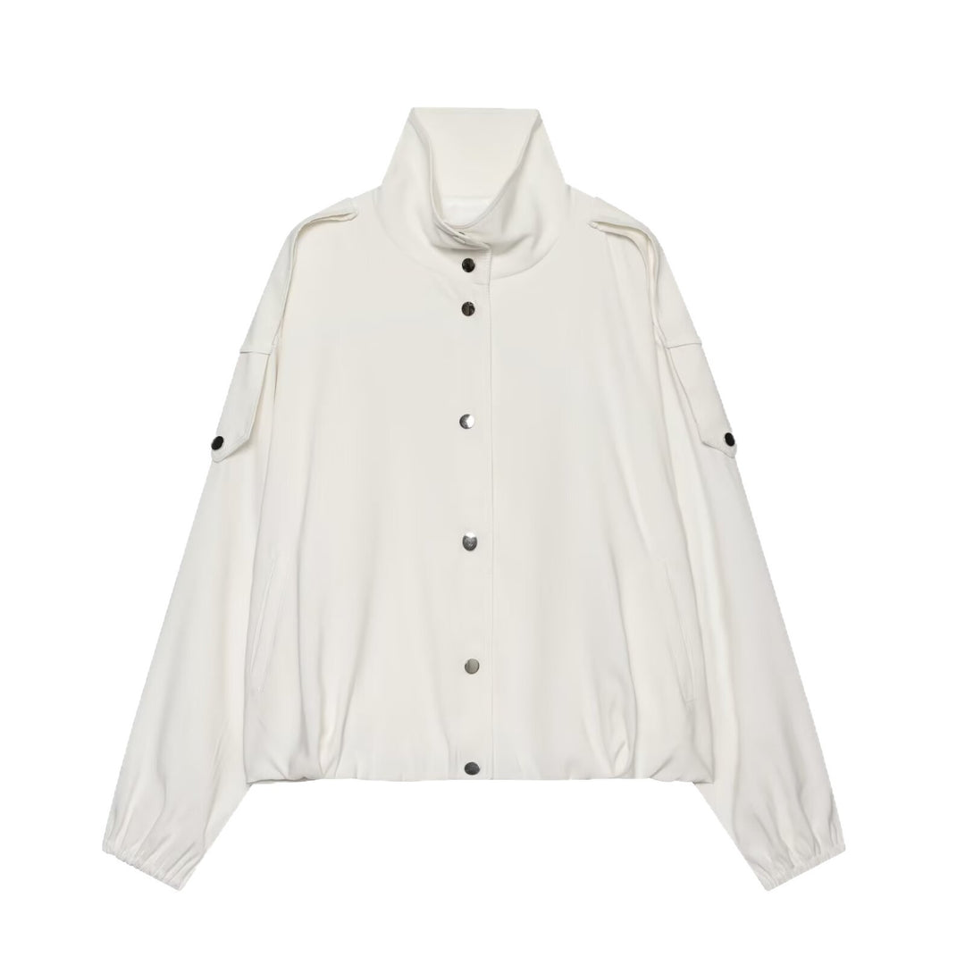 Damen Cropped-Boxy-Canvasjacke mit Funnelkragen, Druckknopfverschluss und Schulterpatten Drune
