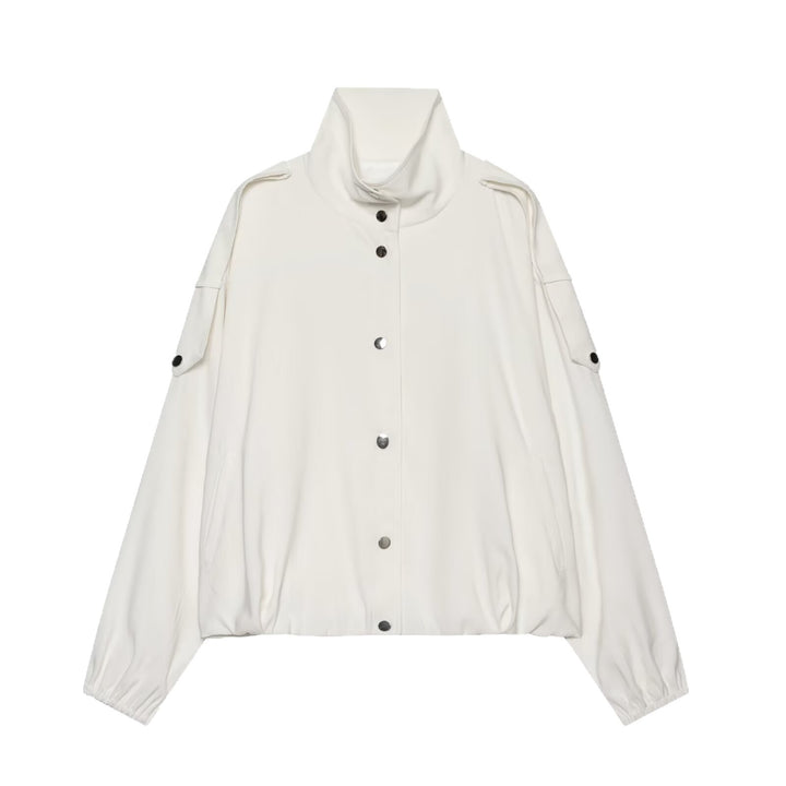 Damen Cropped-Boxy-Canvasjacke mit Funnelkragen, Druckknopfverschluss und Schulterpatten Drune