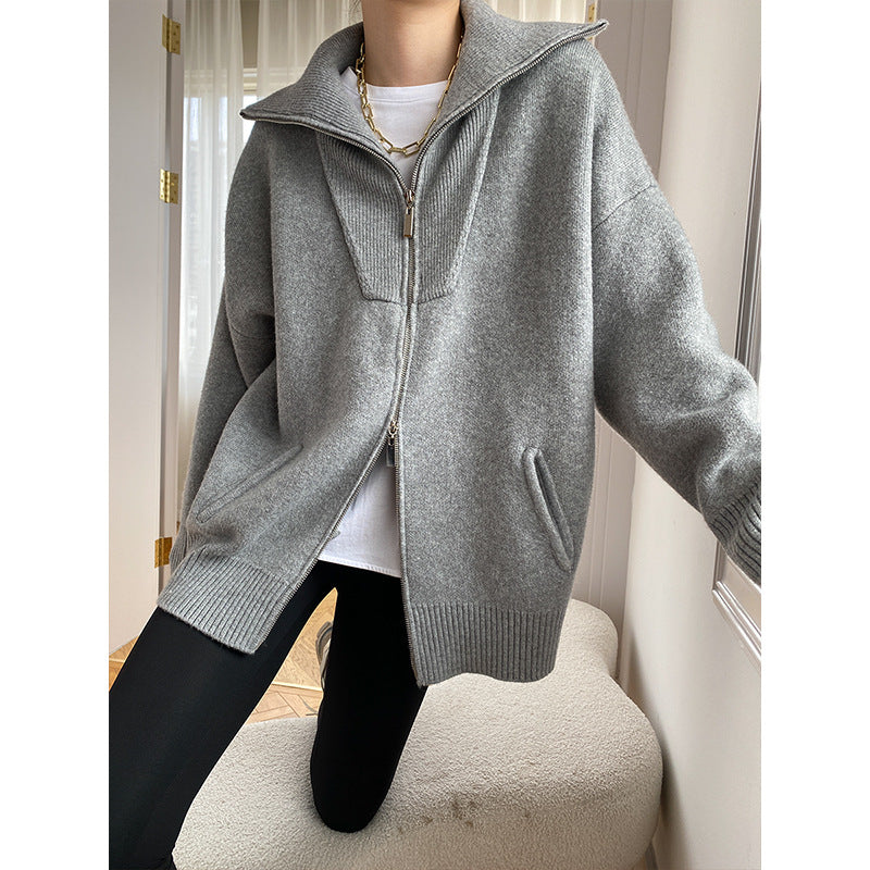 Damen Cozy Strickjacke mit hohem Kragen und Reißverschluss Drune