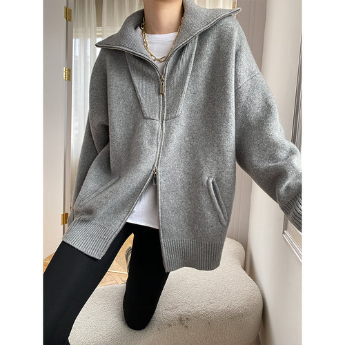 Damen lässige Zip-Up Strickjacke mit hohem Kragen und seitlichen Taschen Drune