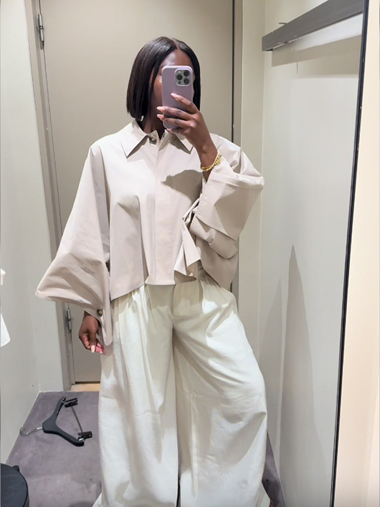 Damen kastige Cropped-Hemdbluse mit weitem Fledermausärmel und feiner Kellerfalte Drune